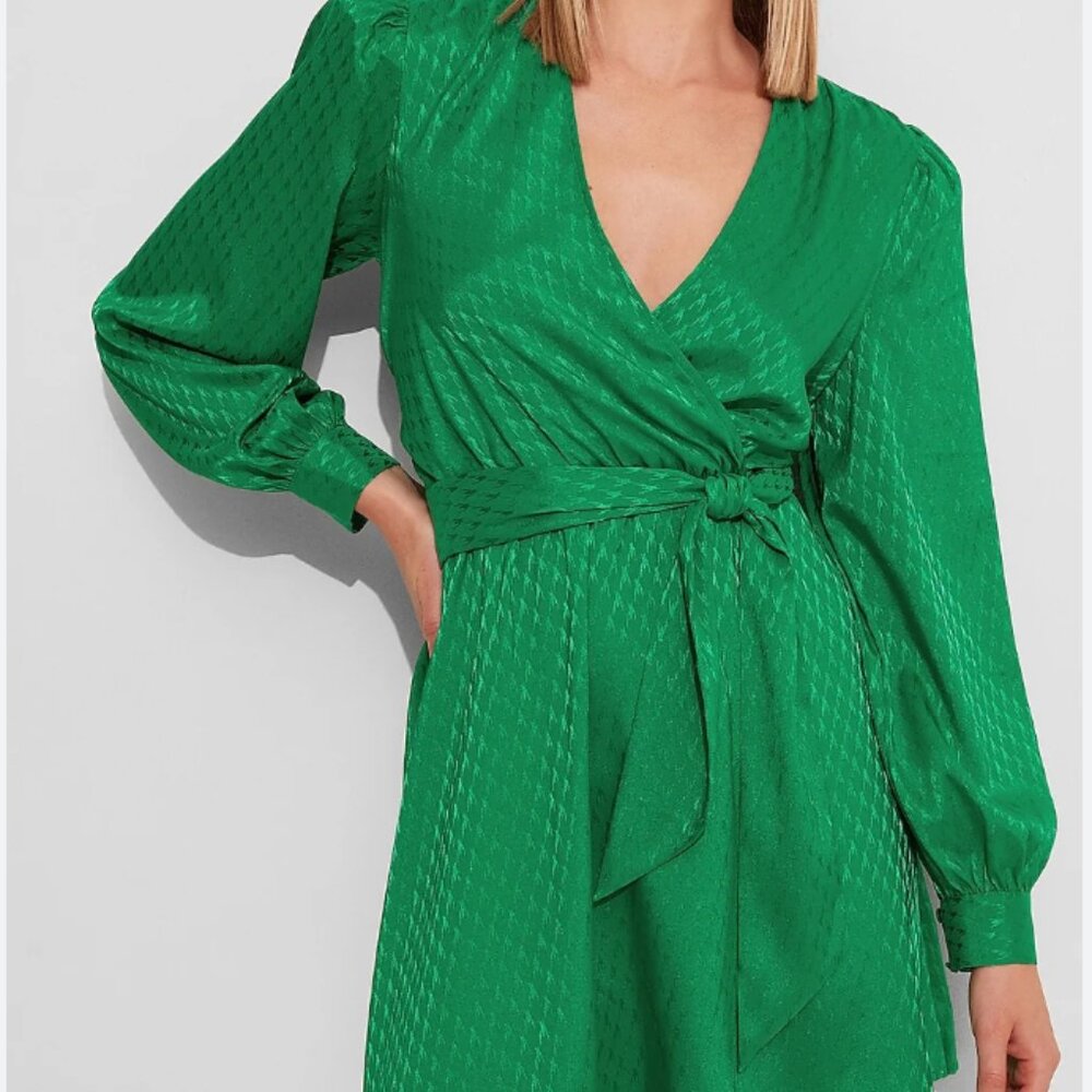 Express Green Satin Jacquard Faux Wrap Mini Dress Size M